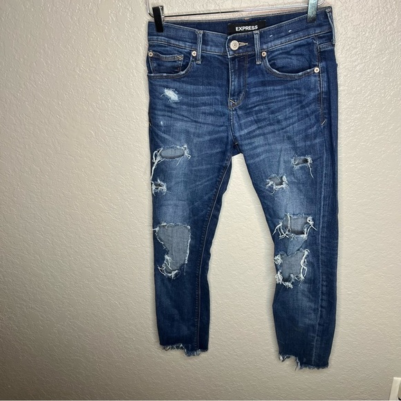 Express Skinny Ankle Stretch Mid Rise Ripped Jeans - Picture 2 of 11